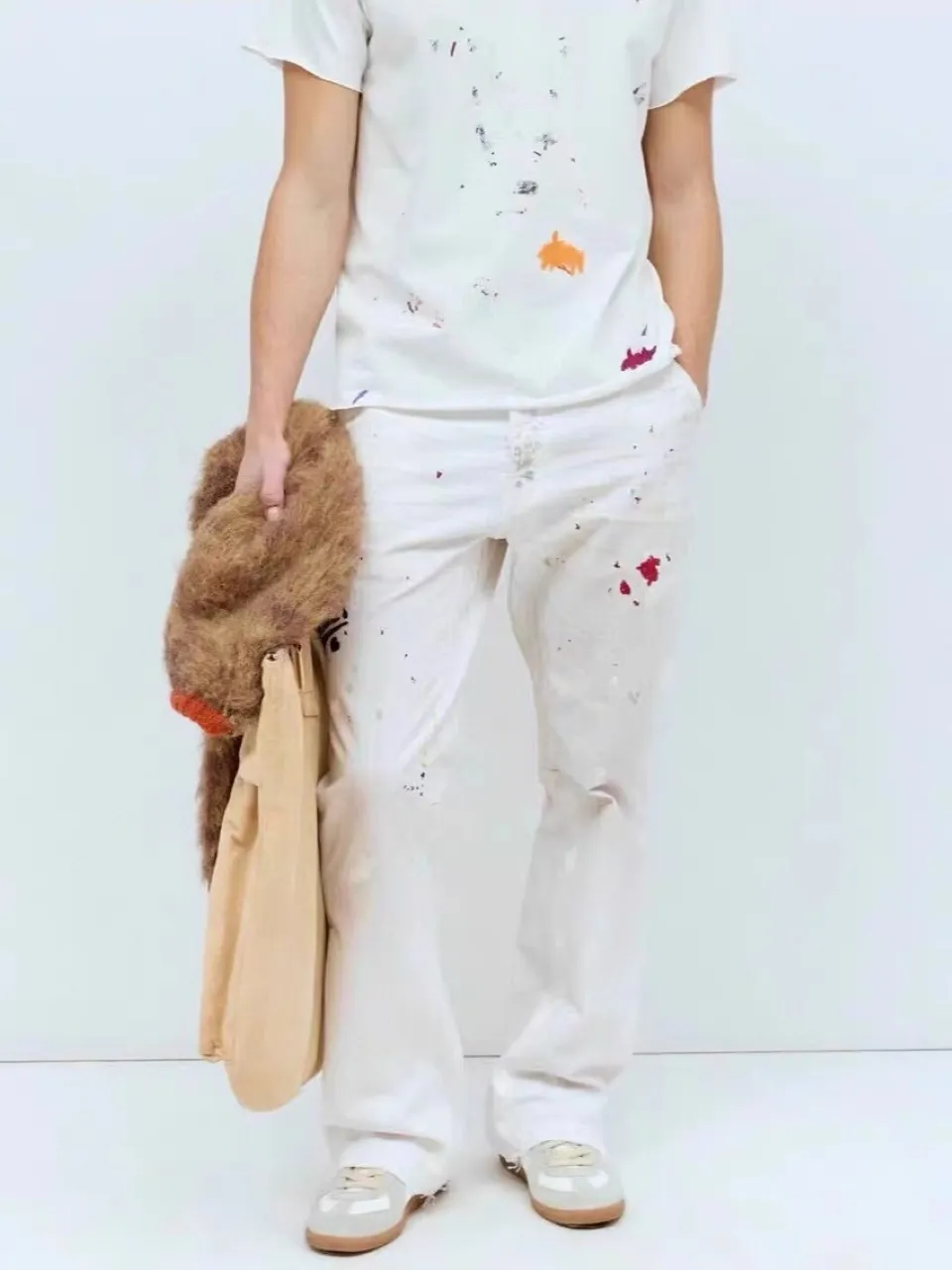 660#Gallery Dept new hand-painted splash-ink mud-dyed distressed style overalls logging pants washed off-white spliced ​​micro-flared jeans beautiful trendy versatile casual pants off-white S~XL P270
